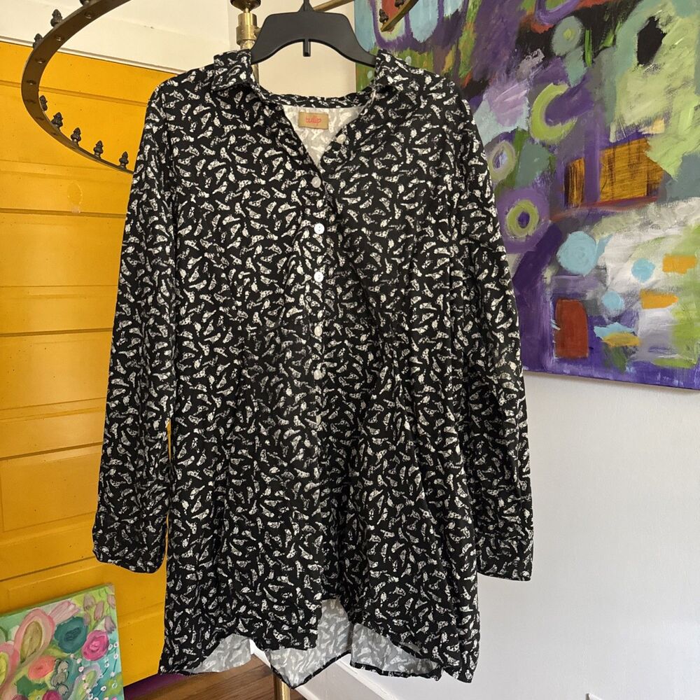 Tulip Clothing Women’s Tunic in Black White Birds 100% Cotton High Low Button Up